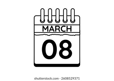 8 March calendar icon text page monthly web design on black and white background vector, icon, or illustration with the month of March 8