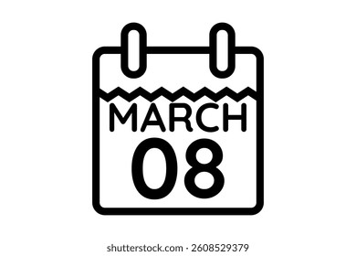 8 March calendar icon text page monthly web design on black and white background vector, icon, or illustration with the month of March 8