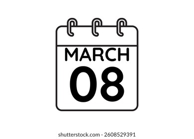 8 March calendar icon text page monthly web design on black and white background vector, icon, or illustration with the month of March 8
