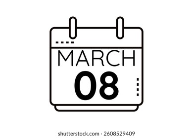 8 March calendar icon text page monthly web design on black and white background vector, icon, or illustration with the month of March 8