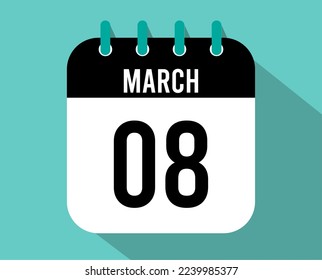 icono del calendario 8 de marzo. Vector negro para el mes de marzo con efecto de sombra