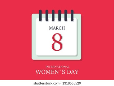 8 March calendar on red background. International Women`s Day vector flat illustration