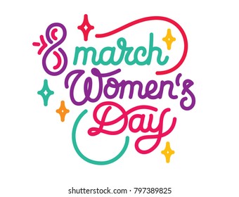 8 march calligraphic greeting poster. International Women's Day calligraphic hand made lettering design with stars. Vector illustration, ready to use banner. Colourful hand lettered art work.