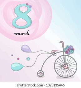 8 march card with cute retro bike and watercolor background