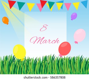 8 march card with grass and blue sky