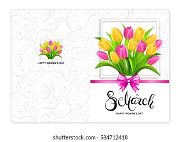 8 march card with handwritten calligraphy lettering and tulips bouquet. Happy women's day postcard template.  Vector illustration.