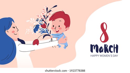 8 March card with happy mother receiving flowers from her son. International women's day greeting card.  Vector illustration