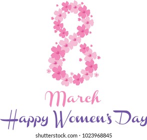 8 March card. International women's day. Greeting card, banner or poster. Elegant lettering "The day of 8 March" and abstract flowers on white background