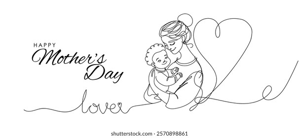 8 March card. Mother's day greeting invitation graphic design. Mother hug little children. Symbol of love and calligraphy text on white background. Continuous line art drawing vector illustration