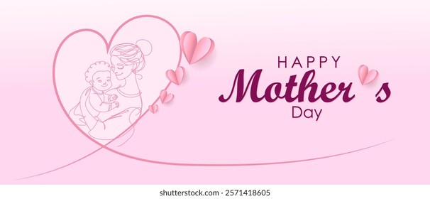 8 March card. Mother's day greeting invitation graphic design. Mother hug little children. Symbol of love and calligraphy text on white background. Continuous line art drawing vector illustration