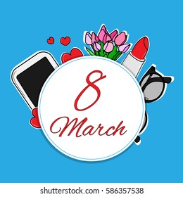 8 March card on blue Background