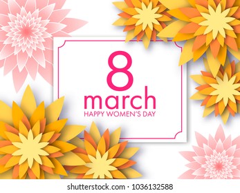 8 March card with paper art origami style flowers. Vector illustration to the Women's Day