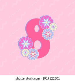 8 march card, pink background, geometrical flat flowers, Spring Women's Day holiday design