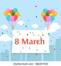 8 march card with poster and balloons