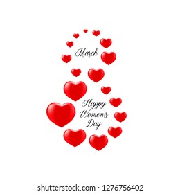 8 March card with red hearts on white background. International women's day greeting card. Vector illustration.
