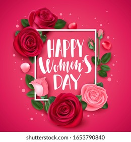 8 march card with rose. Congratulations international womens day floral greeting card, trendy frame flowers and petals banner vector template