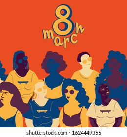 8 March card with seamless pattern of diverse female faces. International women's day concept. Young girls of different races.Flat style vector illustration with hand drawn lettering in trendy colors