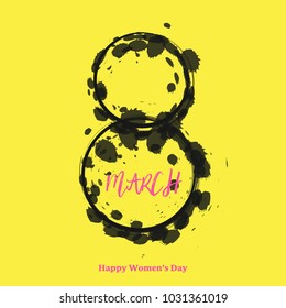 8 March card with splashed text on white background. Vector