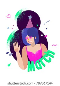 8 march card template. Young beautiful lady in a funny pink heartshaped sunglasses and confetti vector illustration