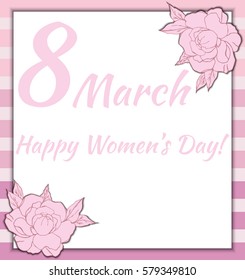 8 March card. Vector illustration with peonies. Template also can be used for greeting card, invitations, sale information, birthday card and etc.