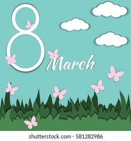 8 March card. Vector illustration in paper cut style. Template also can be used for greeting card, invitations, sale information, birthday card and etc.