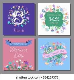 8 March  cards set. Design with Flowers. International Women's Day Background. Vector illustration