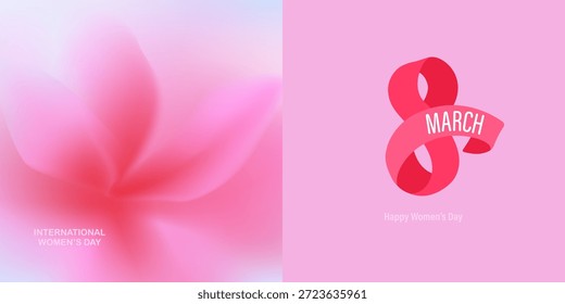 Conjunto de tarjetas 8 de marzo. Flor suave etérea de primavera. Fondo desenfocado borroso con flor. Gradiente suave. Delicada macro botánica, Ilustración vectorial natural. 