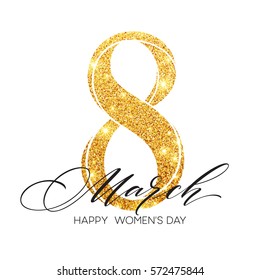 8 March celebration with eight symbol made of gold sparkling glitters. Womans Day concept design