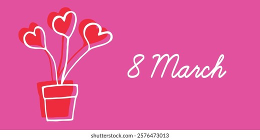 8 March Celebration With Heart-Shaped Symbols and Pink Background. Illustration of heart-shaped decorations in a pot on a pink background symbolizing Women's Day on 8 March.