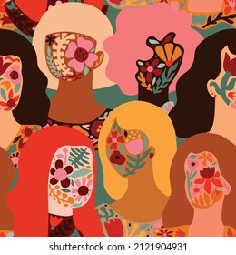 8 March celebration seamless pattern. Many women demonstration, feminism, sisterhood. Women's day, equality, diversity. Elegant repeating ornament. People, ladies, silhouettes with flowers. Print.