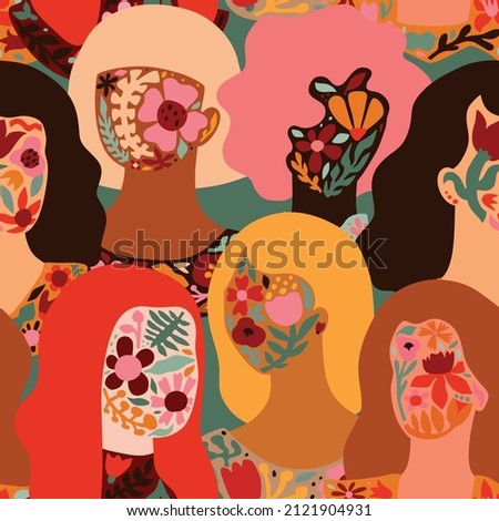 8 March celebration seamless pattern. Many women demonstration, feminism, sisterhood. Women's day, equality, diversity. Elegant repeating ornament. People, ladies, silhouettes with flowers. Print.