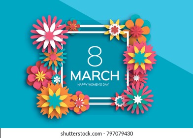 8 March. Colorful Happy Women S Day. Trendy Mother S Day. Paper Cut Floral Greeting Card. Origami Flower. Text. Square Ribbon Frame. Spring Blossom. Seasonal Holiday On Sky Blue. Modern Decoration.