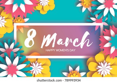 8 March. Colorful Happy Women's Day. Mother's Day. Paper cut Floral Greeting card. Origami flower. Text. Rectangle frame. Spring blossom. Seasonal holiday on sky blue. Modern paper decoration.