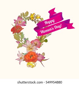 8 march congratulation card. Happy Women's Day! Floral female sign