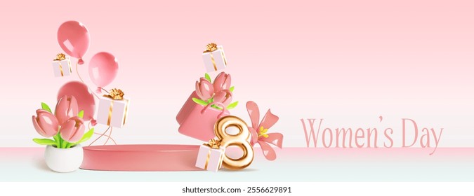 8 March congratulation or holiday sale promotion scene with pink pastel cylinder podium, golden number eight, flowers, shopping bag, flying balloons and wrapped gift boxes. 3d vector Women Day banner.