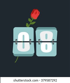  8 March. Countdown timer. Figure 8. International womens day. Red Rose and watches
