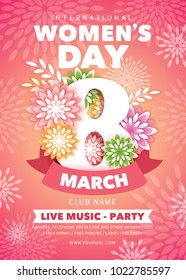 8 March. Creative and cute flyer or poster layout with beautiful spring flowers, drawn with style paper art, for Womens Day Party celebration. Vector illustration.