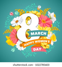 8 March. Creative and cute greeting design with beautiful spring flowers for Womens Day celebration. Vector illustration.