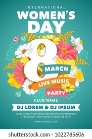 8 March. Creative poster, banner or flyer design with beautiful spring flowers for Womens Day Party celebration. Vector illustration.
