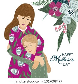 8 March. Cute cartoon Mother and daughter with doodle flowers on a white background. Vector Templates for card, poster, flyer and other users