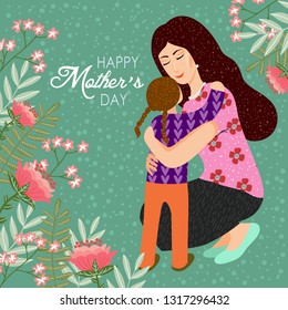 8 March. Cute cartoon Mother and daughter with doodle flowers and leaves. Vector Templates for card, poster, flyer and other users