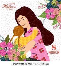 8 March. Cute cartoon Mother, daughter and doodle flowers on a white background. Vector Templates for card, poster, flyer and other users