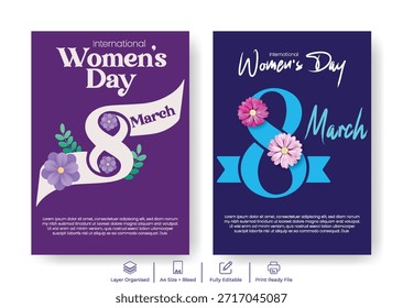 8. März Frauentag A4 Flyer Plakatvorlage und Broschüre Broschüre Cover Design, dekorative florale Vektorgrafik Hintergrund mit künstlerischen weiblichen Gesicht Silhouette
