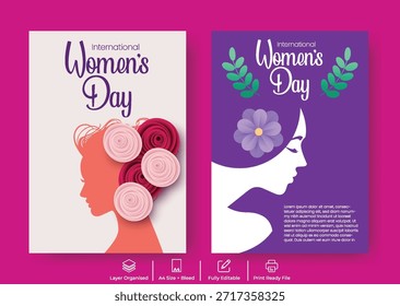 8 de marzo Día de la Mujer A4 Imprimir Flyer Póster y folleto Diseño de la cubierta con Ilustración vectorial floral femenina y silueta de cara femenina mínima