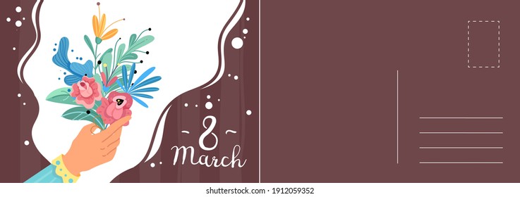 8 March day card. Hand holds a bouquet with flowers. Holiday letter template with congratulation calligraphy text, vector International women's day postcard or greeting card in modern cartoon style