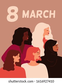 8 march day card. Young strong women stand together. Concept of women empowerment, self-acceptance, and gender equality.  Vector flat illustration