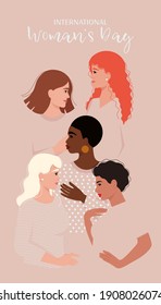 8 March, Woman’s Day greeting card. Women of different nationalities and cultures. Vector illustration in flat style