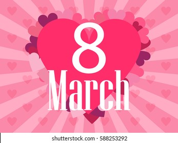 8 March day. International Women's day. Background with rays and heart. Vector illustration