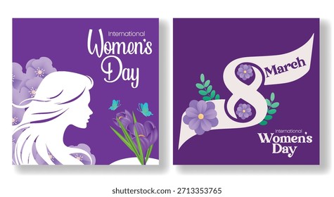 8 de março Dia das Mulheres vetor moderno fundo com elementos florais, design de silhueta feminina, modelo de cartaz de folheto quadrado e layout de banner de mídia social para marketing