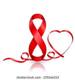 8 March day symbol of red ribbon and ribbon in heart shaped. Vector illustrations graphic